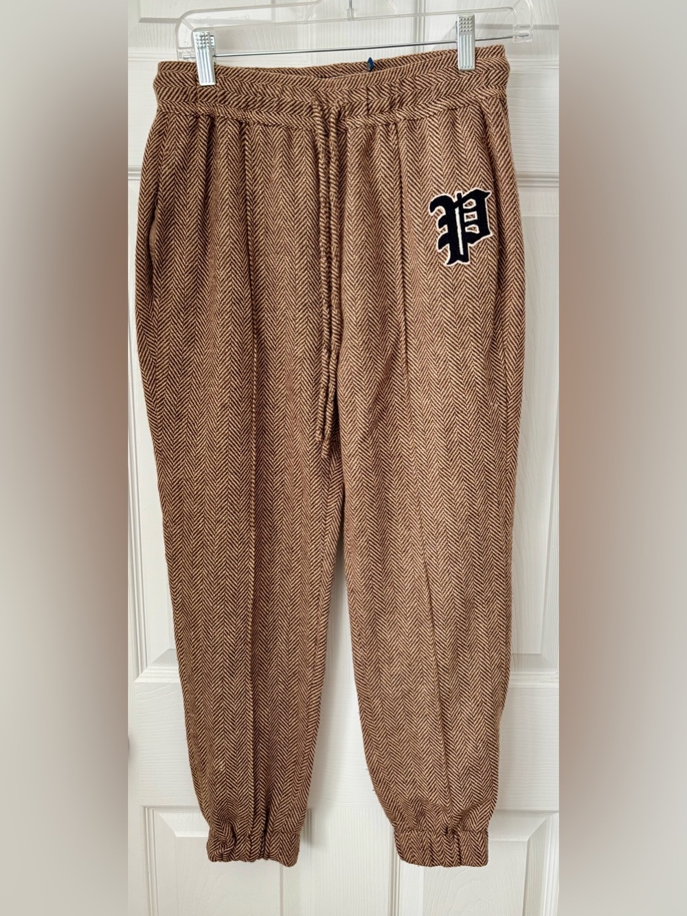 Ralph Lauren Brown Wool Herringbone Jogger Drawstring Pants with Patch